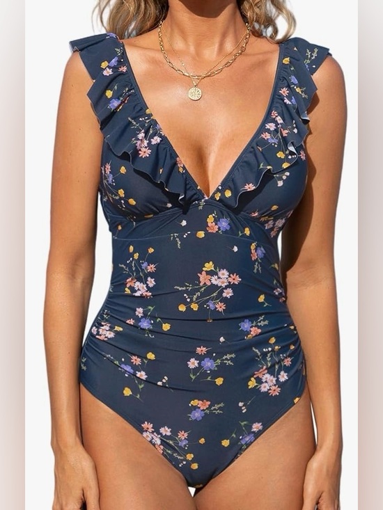 Cupshe Other - Cupshe Woman’s Navy Floral Ruffle One-Piece Swimsuit Size 6-8